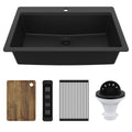 33" Top Mount Single Bowl Quartz Kitchen Sink Kit In Black