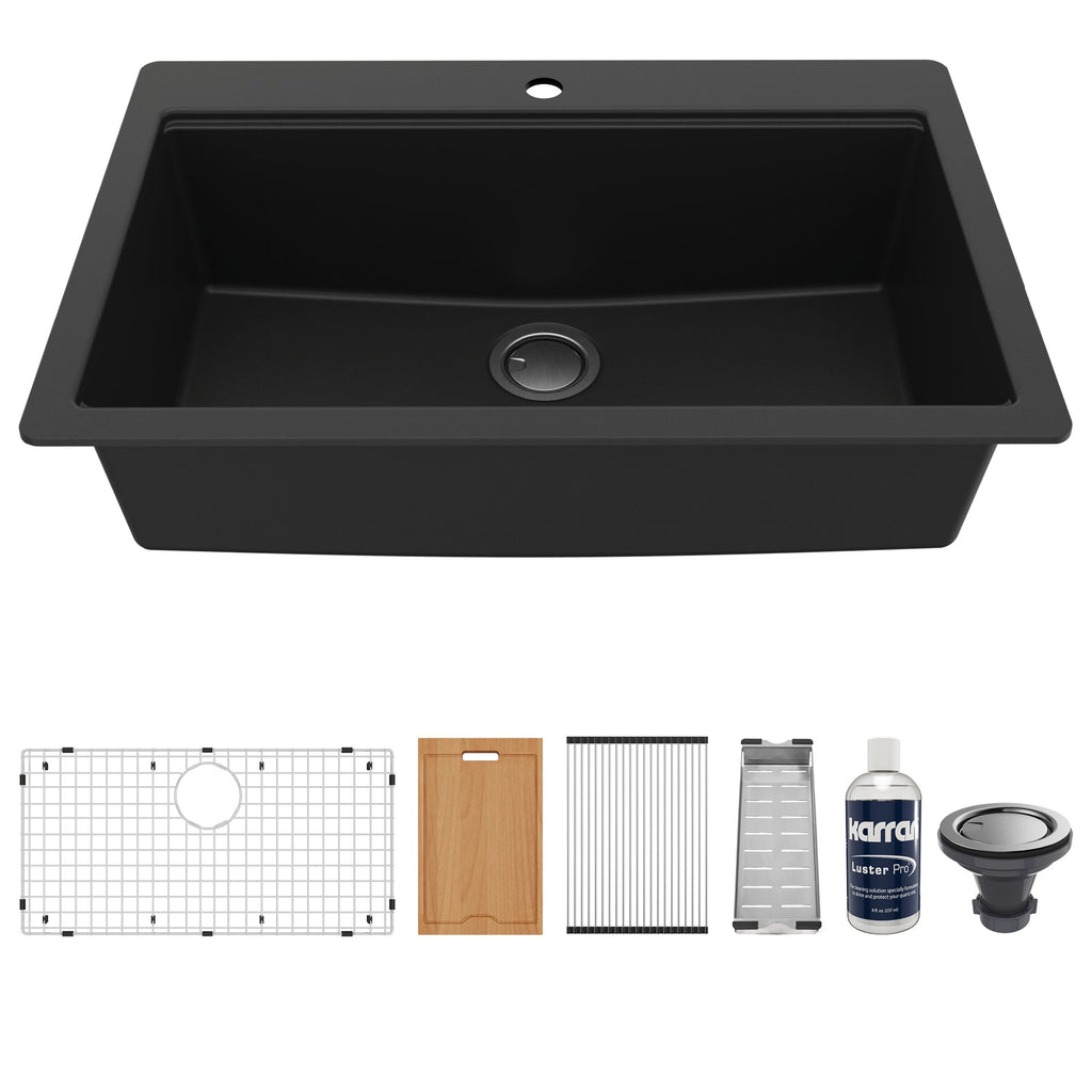 33" Top Mount Large Single Bowl Quartz Composite Workstation Kitchen Sink In Black