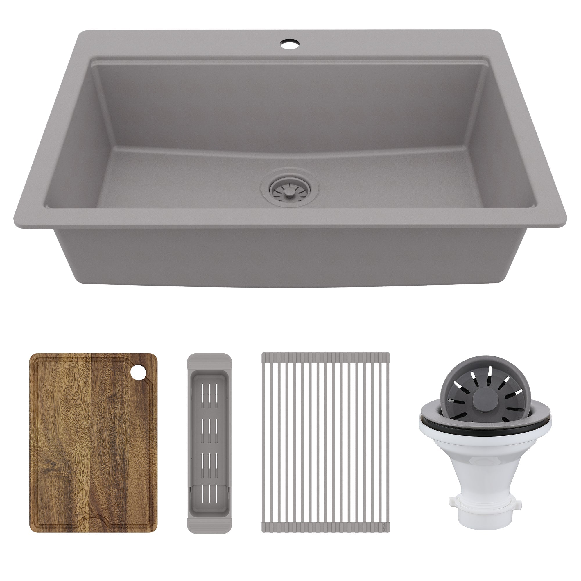 33" Top Mount Single Bowl Quartz Kitchen Sink Kit In Grey