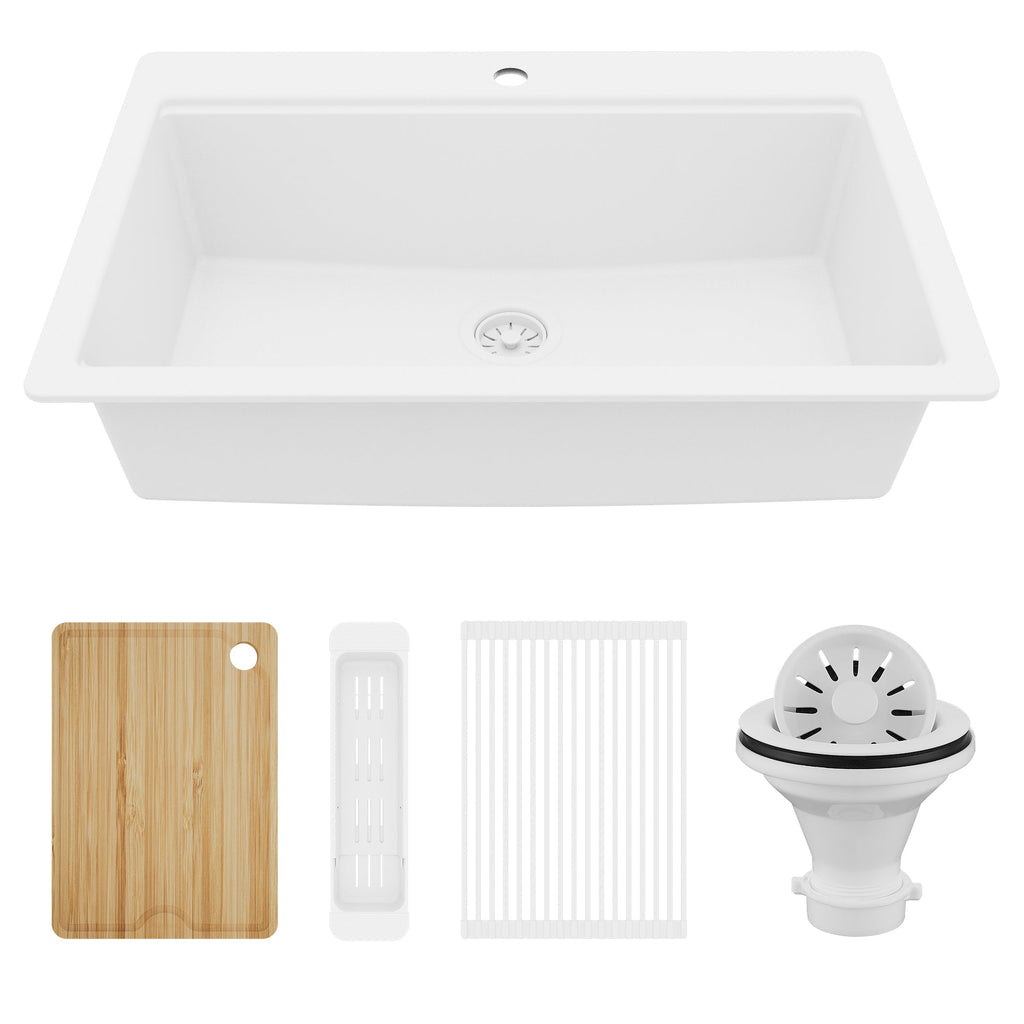 33" Top Mount Single Bowl Quartz Kitchen Sink Kit In White