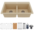 33" Top Mount Double Equal Bowl Quartz Composite Workstation Kitchen Sink In Bisque