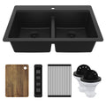 33" Top Mount Double Bowl Quartz Kitchen Sink Kit In Black