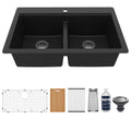 33" Top Mount Double Equal Bowl Quartz Composite Workstation Kitchen Sink In Black