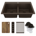 33" Top Mount Double Bowl Quartz Kitchen Sink Kit In Brown