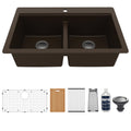 33" Top Mount Double Equal Bowl Quartz Composite Workstation Kitchen Sink In Brown