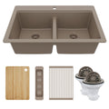 33" Top Mount Double Bowl Quartz Kitchen Sink Kit In Concrete