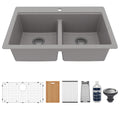 33" Top Mount Double Equal Bowl Quartz Composite Workstation Kitchen Sink In Grey