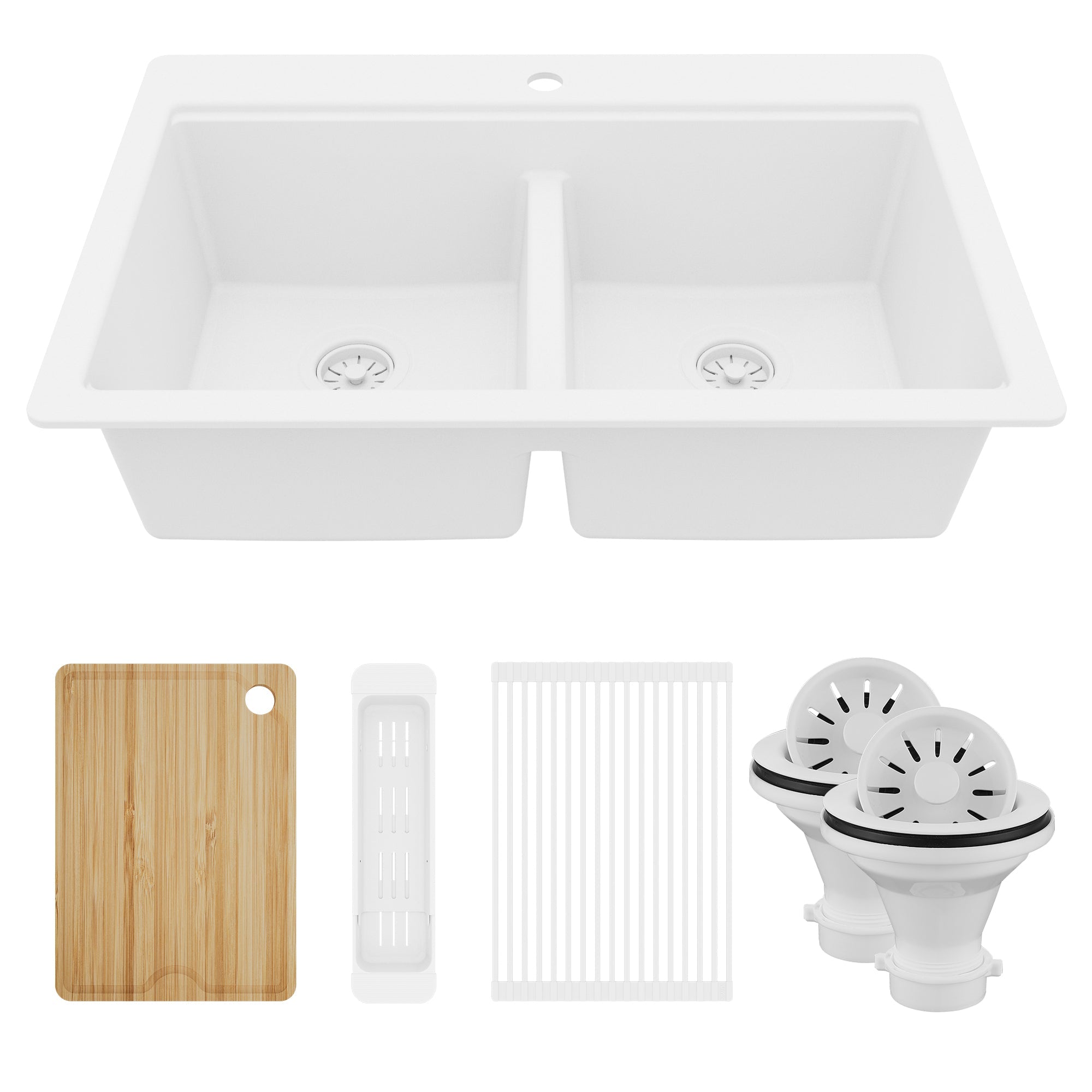 33" Top Mount Double Bowl Quartz Kitchen Sink Kit In White