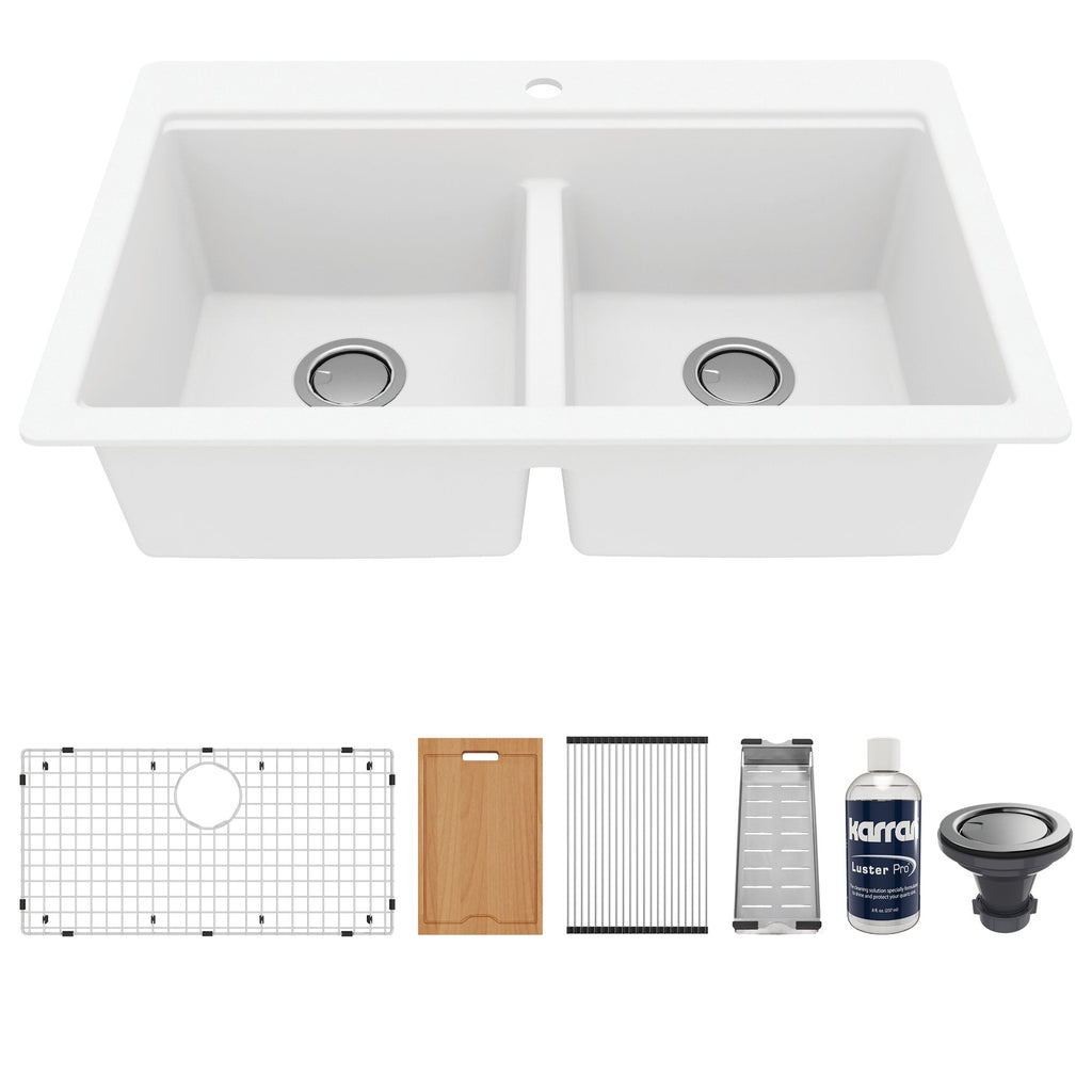 33" Top Mount Double Equal Bowl Quartz Composite Workstation Kitchen Sink In White