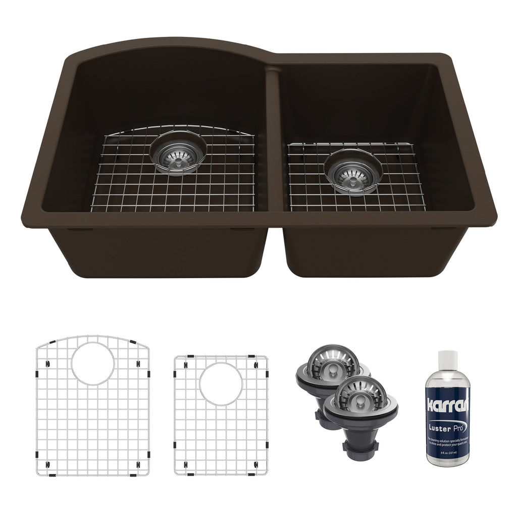 32-1/4" Undermount Double Offset Bowl Quartz Composite Kitchen Sink Kit In Brown