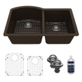 32-1/4" Undermount Double Offset Bowl Quartz Composite Kitchen Sink Kit In Brown