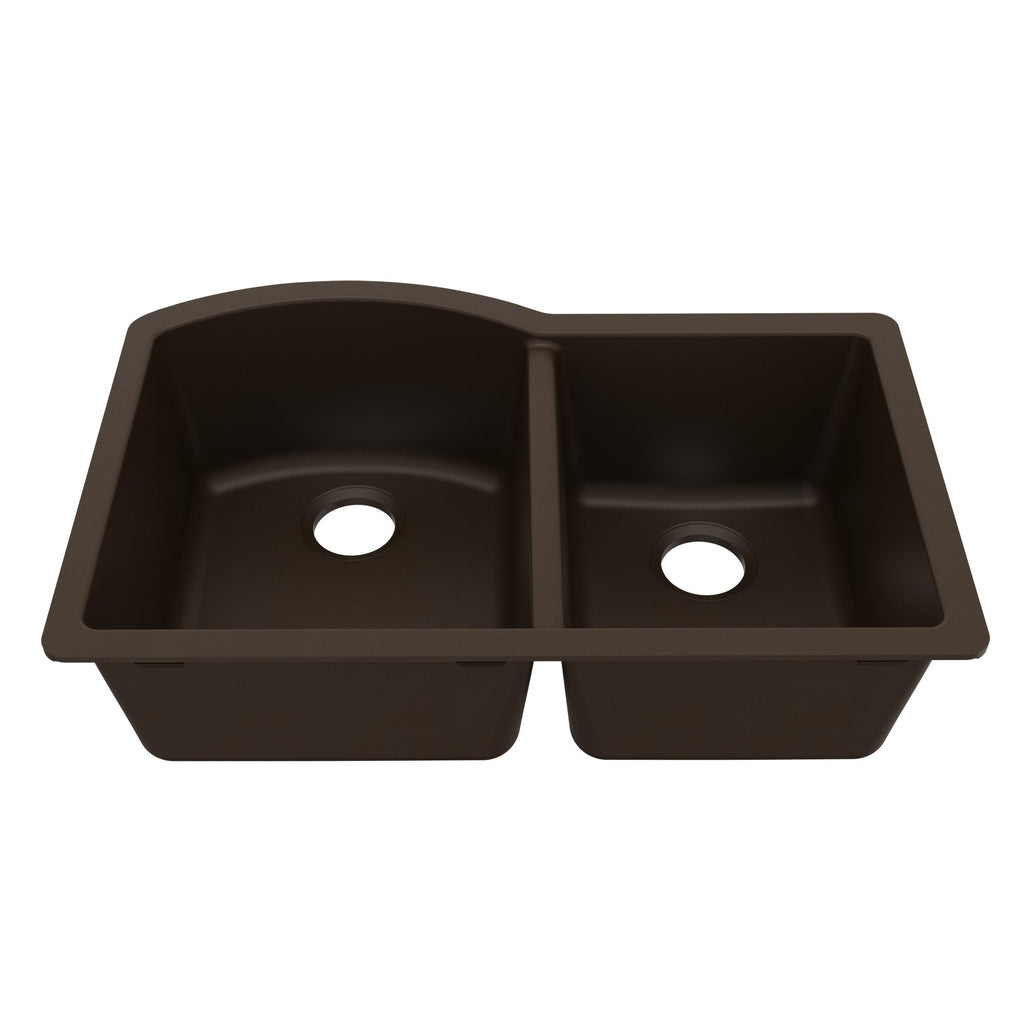 32-1/4" Undermount Double Offset Bowl Quartz Composite Kitchen Sink In Brown