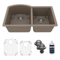 32-1/4" Undermount Double Offset Bowl Quartz Composite Kitchen Sink Kit In Concrete