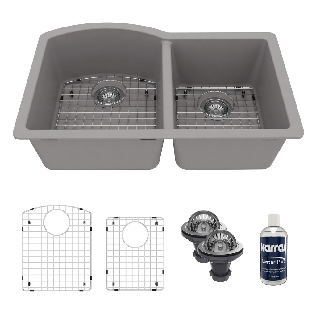 32-1/4" Undermount Double Offset Bowl Quartz Composite Kitchen Sink Kit In Grey
