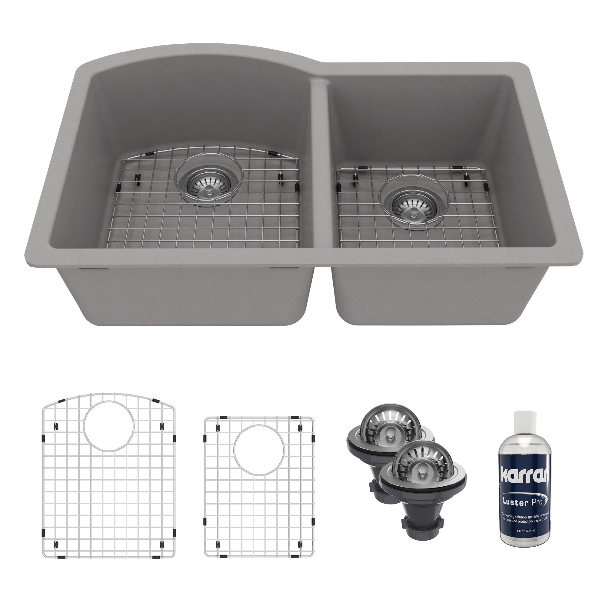 32-1/4" Undermount Double Offset Bowl Quartz Composite Kitchen Sink Kit In Grey