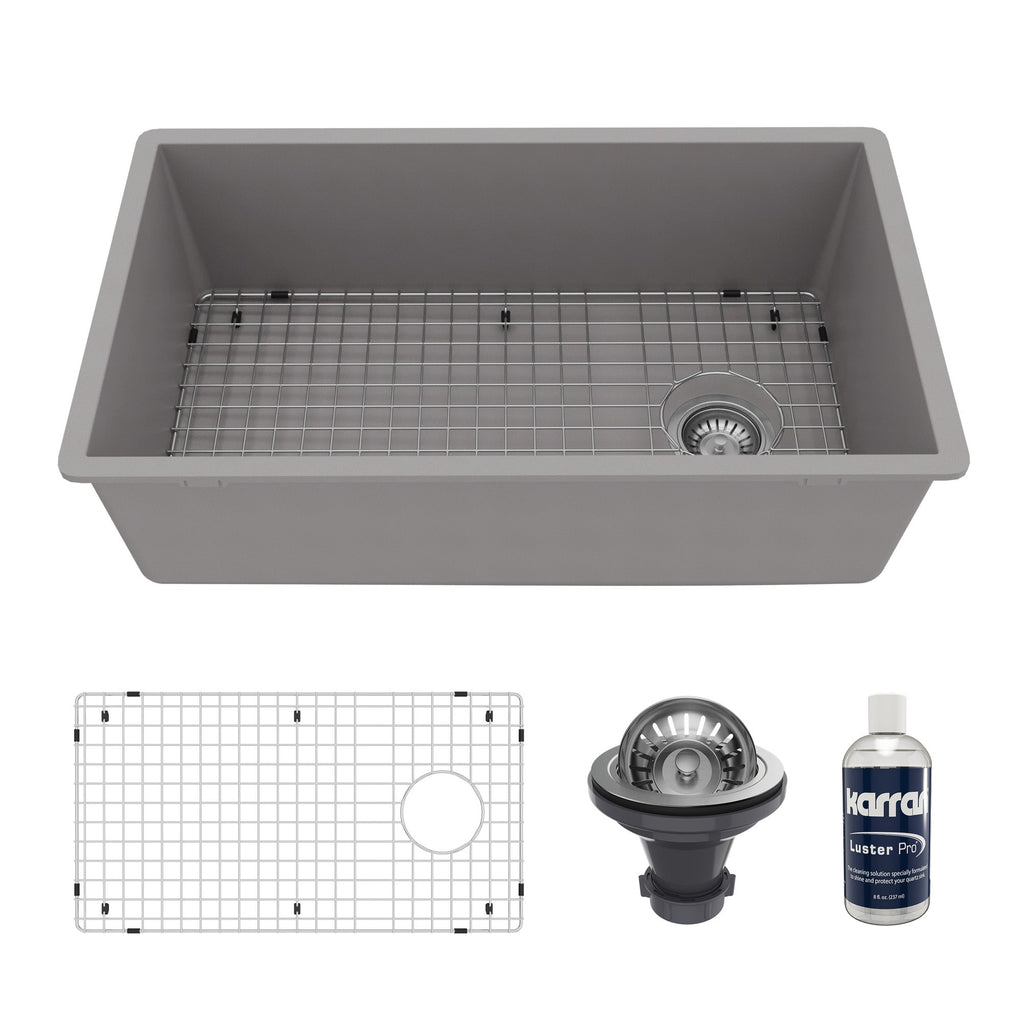 31-5/8" Undermount Large Single Bowl Quartz Composite Kitchen Sink Kit In Grey