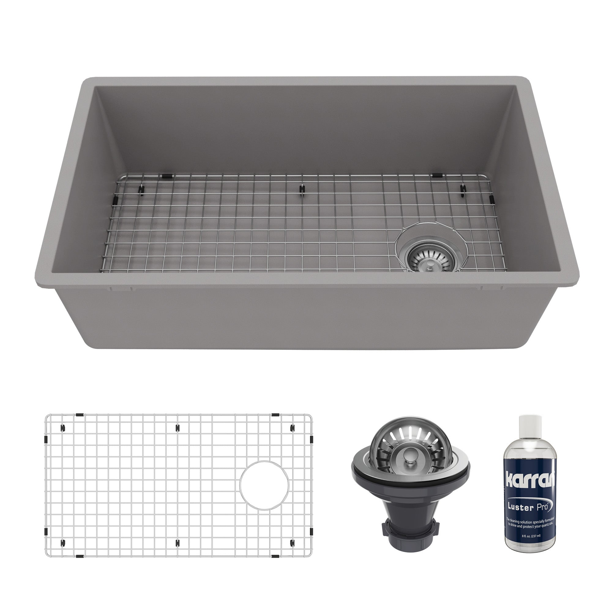 31-5/8" Undermount Large Single Bowl Quartz Composite Kitchen Sink Kit In Grey