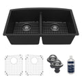 32-1/2" Undermount Double Equal Bowl Quartz Composite Kitchen Sink Kit In Black