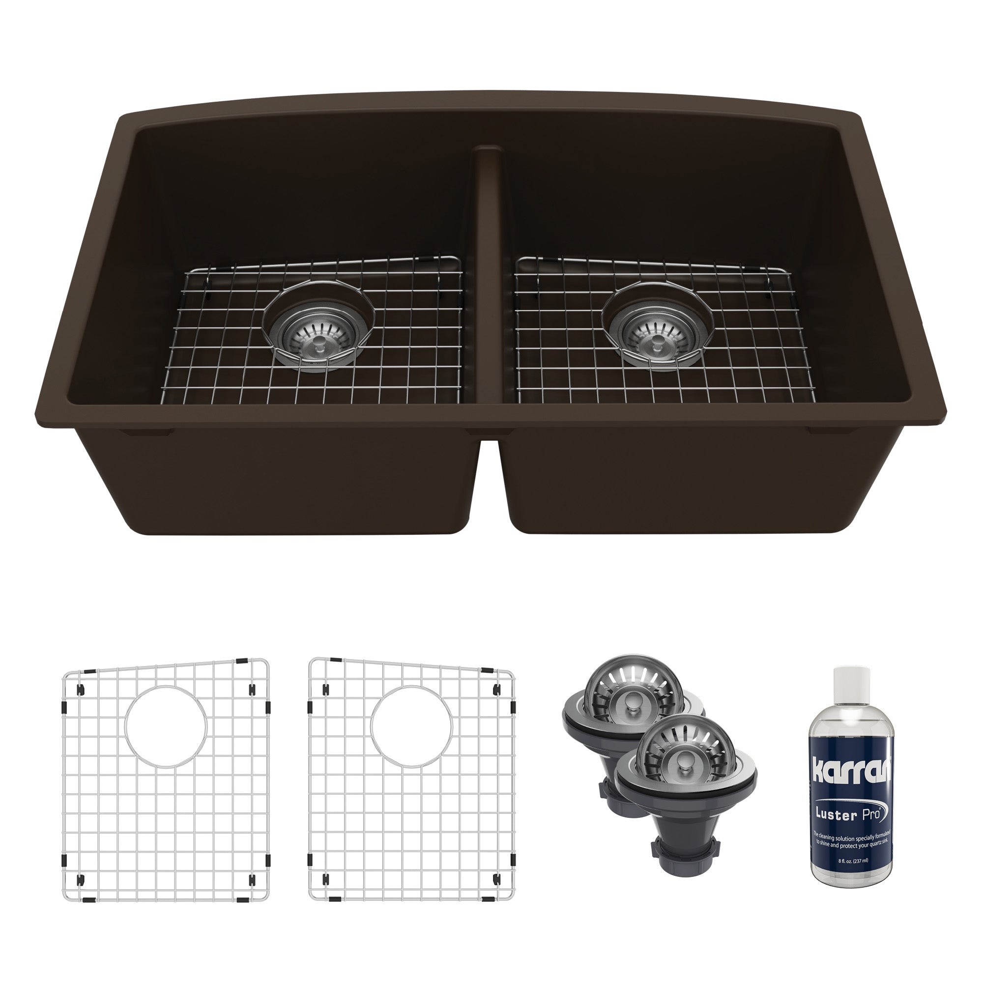 32-1/2" Undermount Double Equal Bowl Quartz Composite Kitchen Sink Kit In Brown