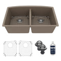 32-1/2" Undermount Double Equal Bowl Quartz Composite Kitchen Sink Kit In Concrete