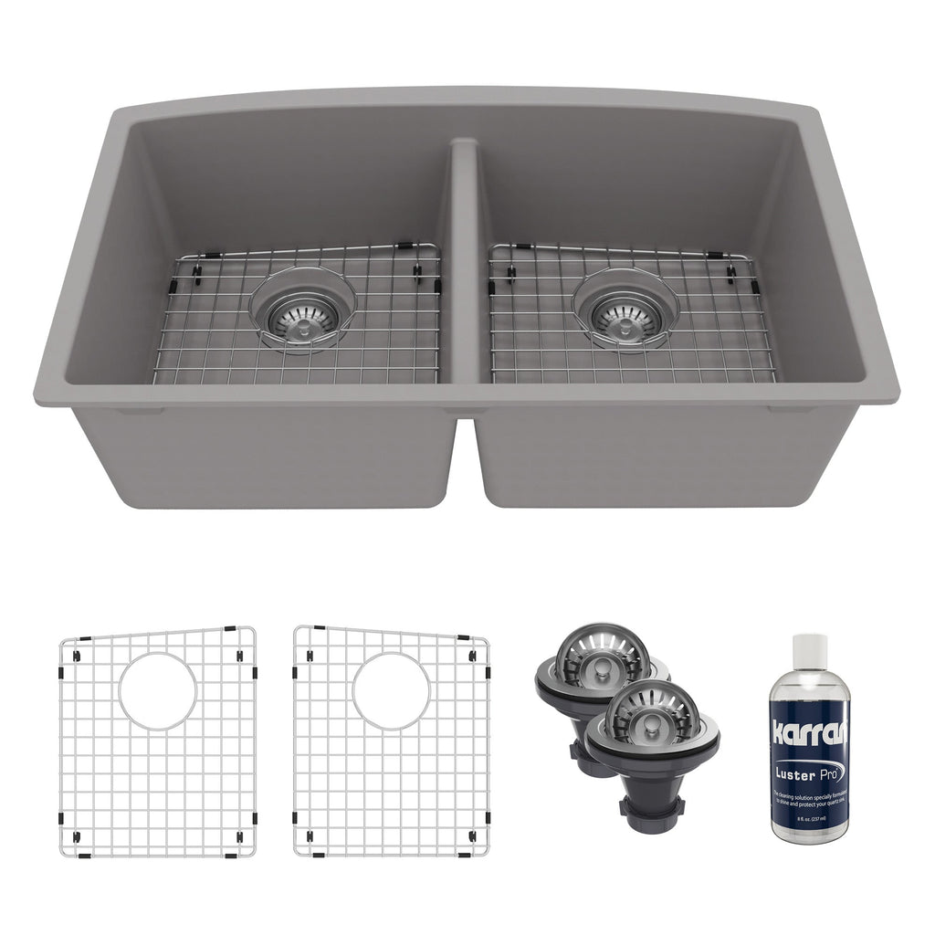 32-1/2" Undermount Double Equal Bowl Quartz Composite Kitchen Sink Kit In Grey