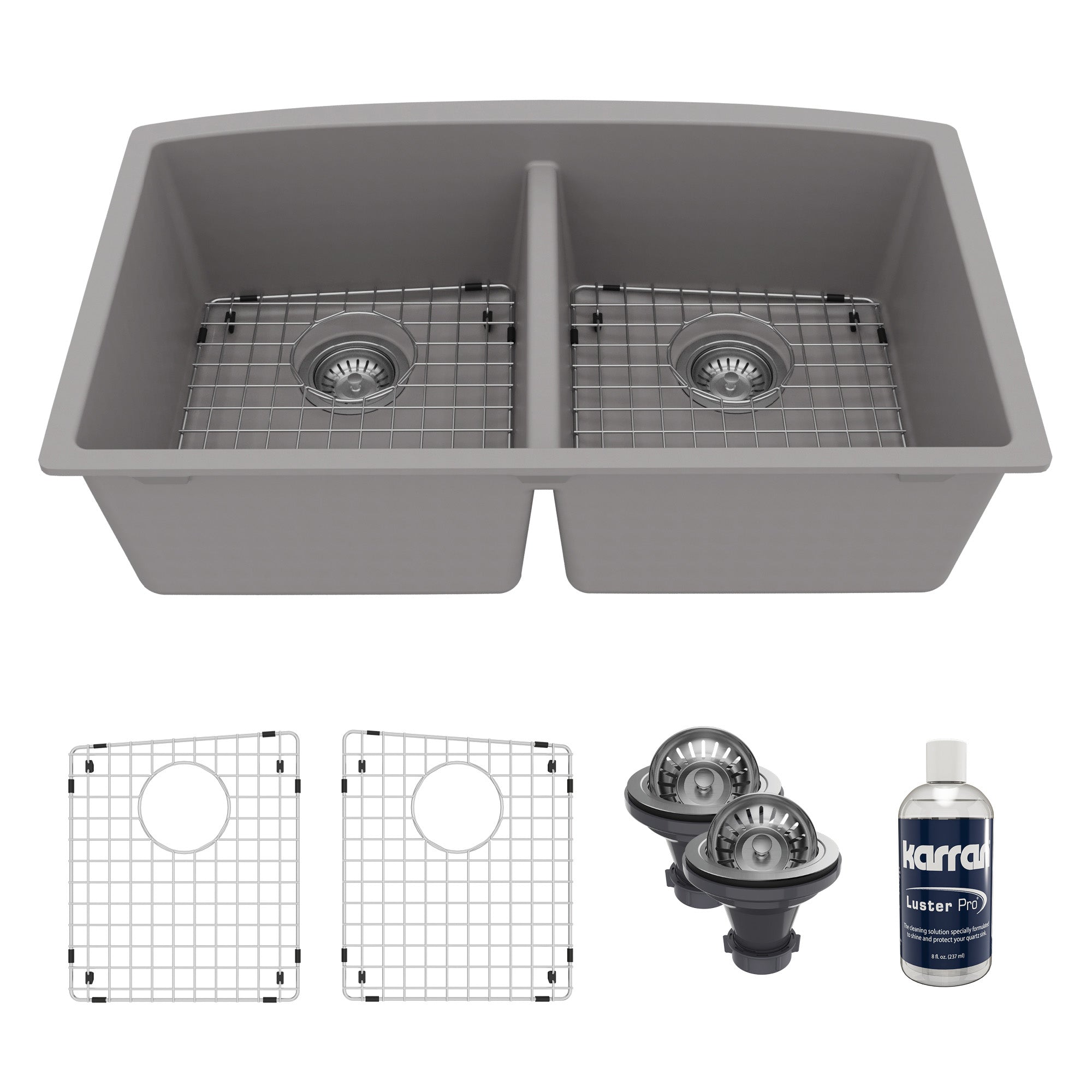 32-1/2" Undermount Double Equal Bowl Quartz Composite Kitchen Sink Kit In Grey