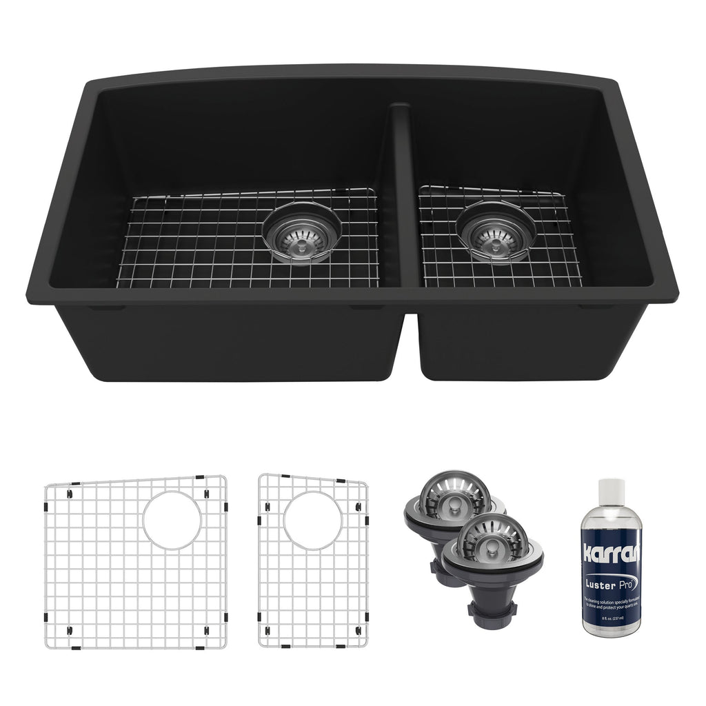 32-1/2" Undermount Double Offset Bowl Quartz Composite Kitchen Sink Kit In Black