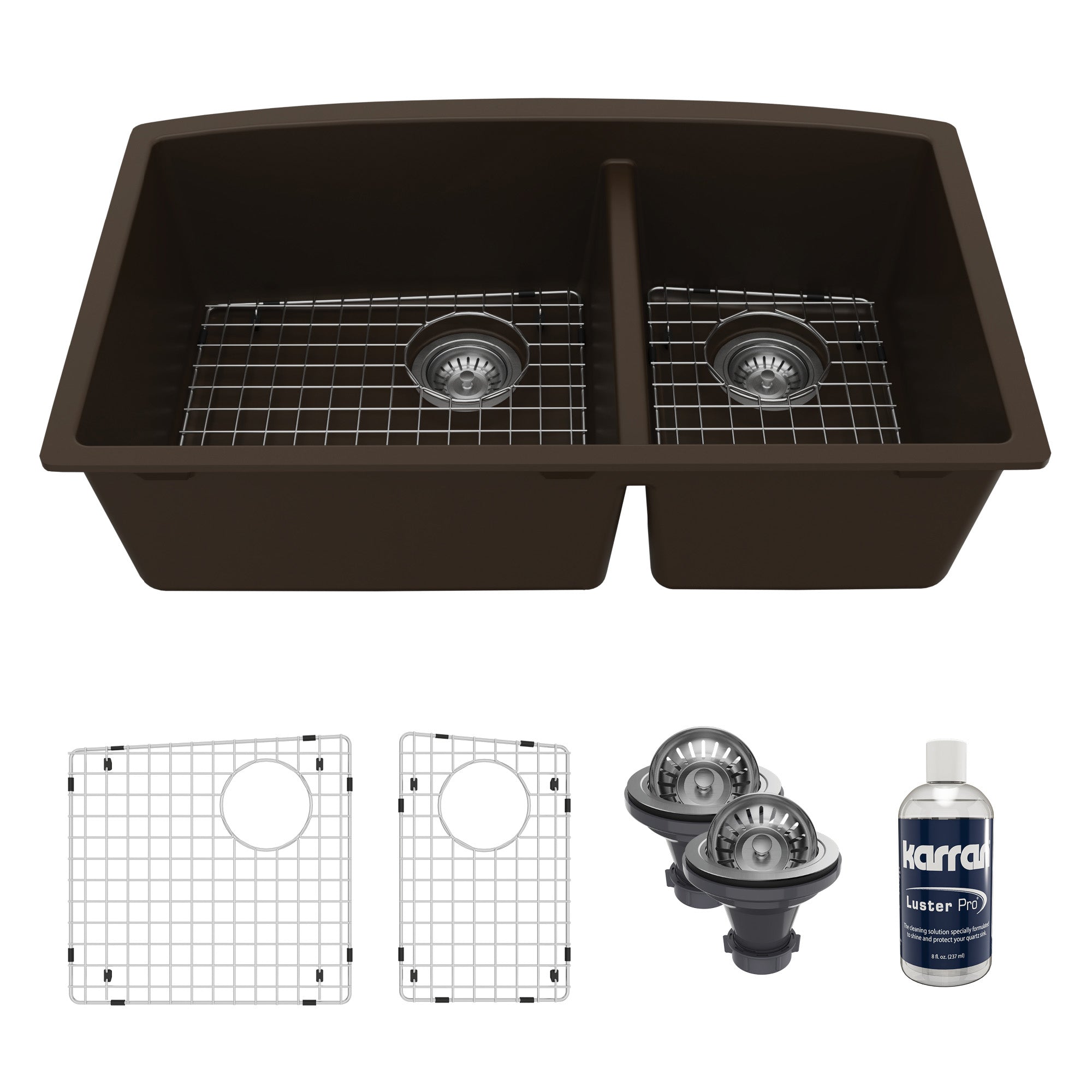 32-1/2" Undermount Double Offset Bowl Quartz Composite Kitchen Sink Kit In Brown