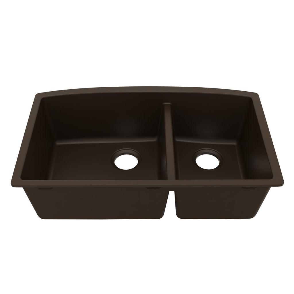 32-1/2" Undermount Double Offset Bowl Quartz Composite Kitchen Sink In Brown
