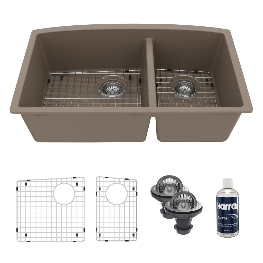 32-1/2" Undermount Double Offset Bowl Quartz Composite Kitchen Sink Kit In Concrete