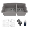 32-1/2" Undermount Double Offset Bowl Quartz Composite Kitchen Sink Kit In Grey