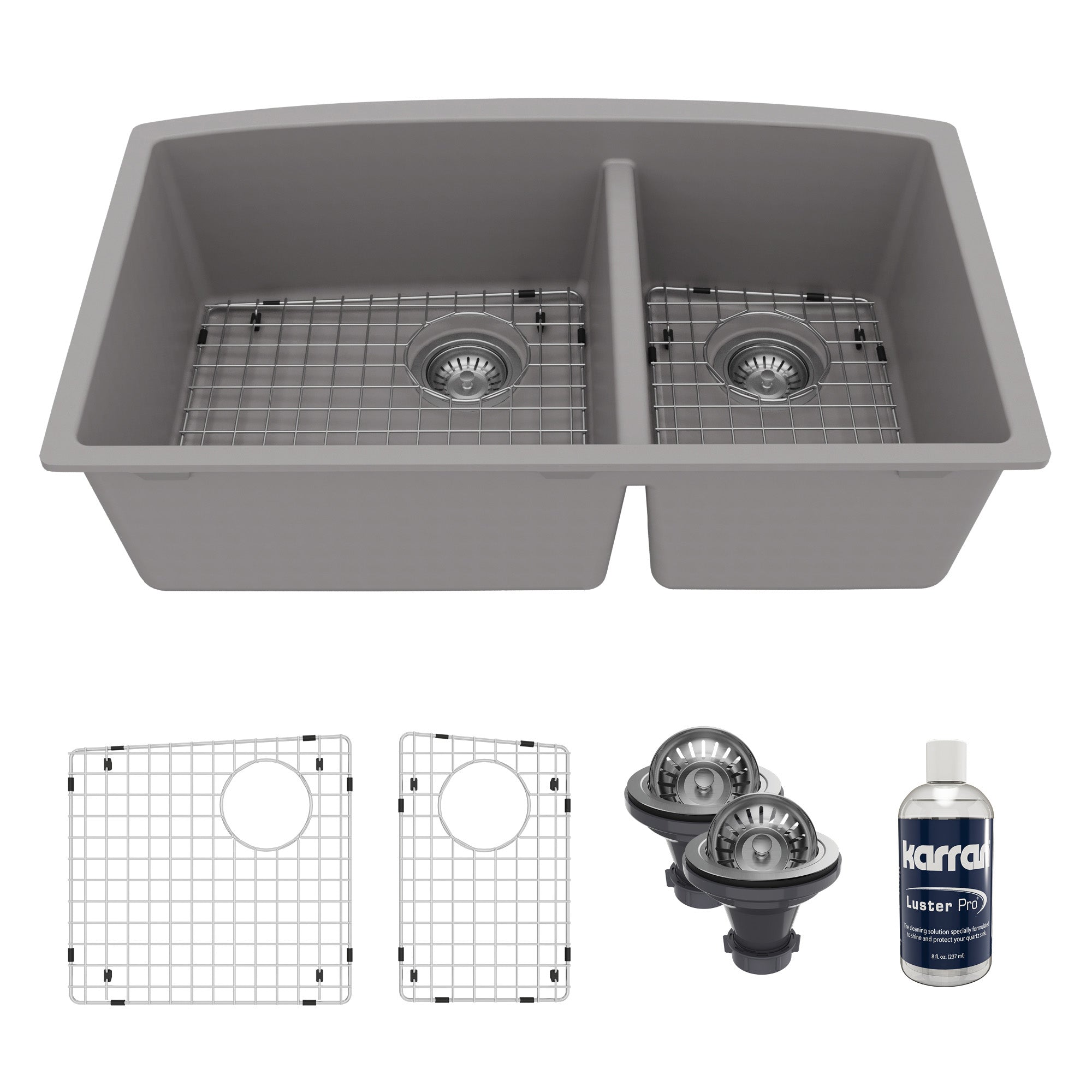 32-1/2" Undermount Double Offset Bowl Quartz Composite Kitchen Sink Kit In Grey