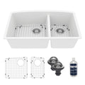 32-1/2" Undermount Double Offset Bowl Quartz Composite Kitchen Sink Kit In White