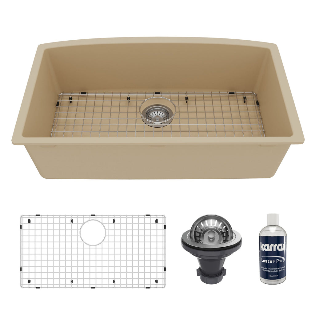 32-1/2" Undermount Large Single Bowl Quartz Composite Kitchen Sink Kit In Bisque