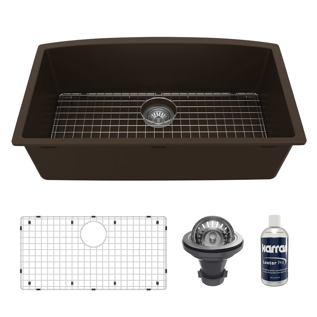 32-1/2" Undermount Large Single Bowl Quartz Composite Kitchen Sink Kit In Brown