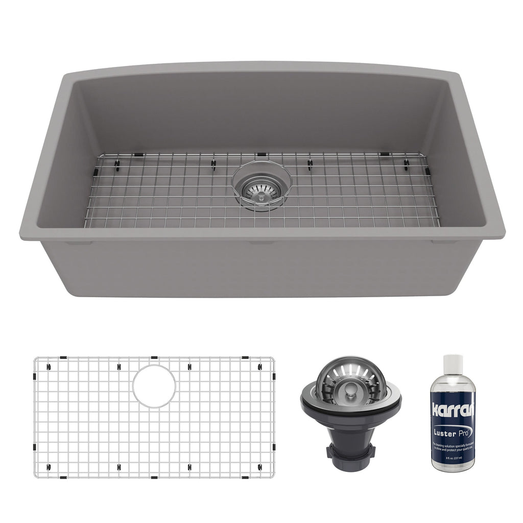32-1/2" Undermount Large Single Bowl Quartz Composite Kitchen Sink Kit In Grey