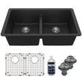 32-3/8" Undermount Double Equal Bowl Quartz Composite Kitchen Sink Kit In Black