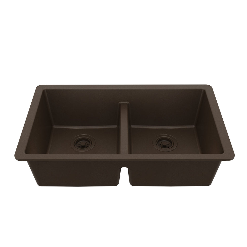 32-3/8" Undermount Double Equal Bowl Quartz Composite Kitchen Sink In Brown
