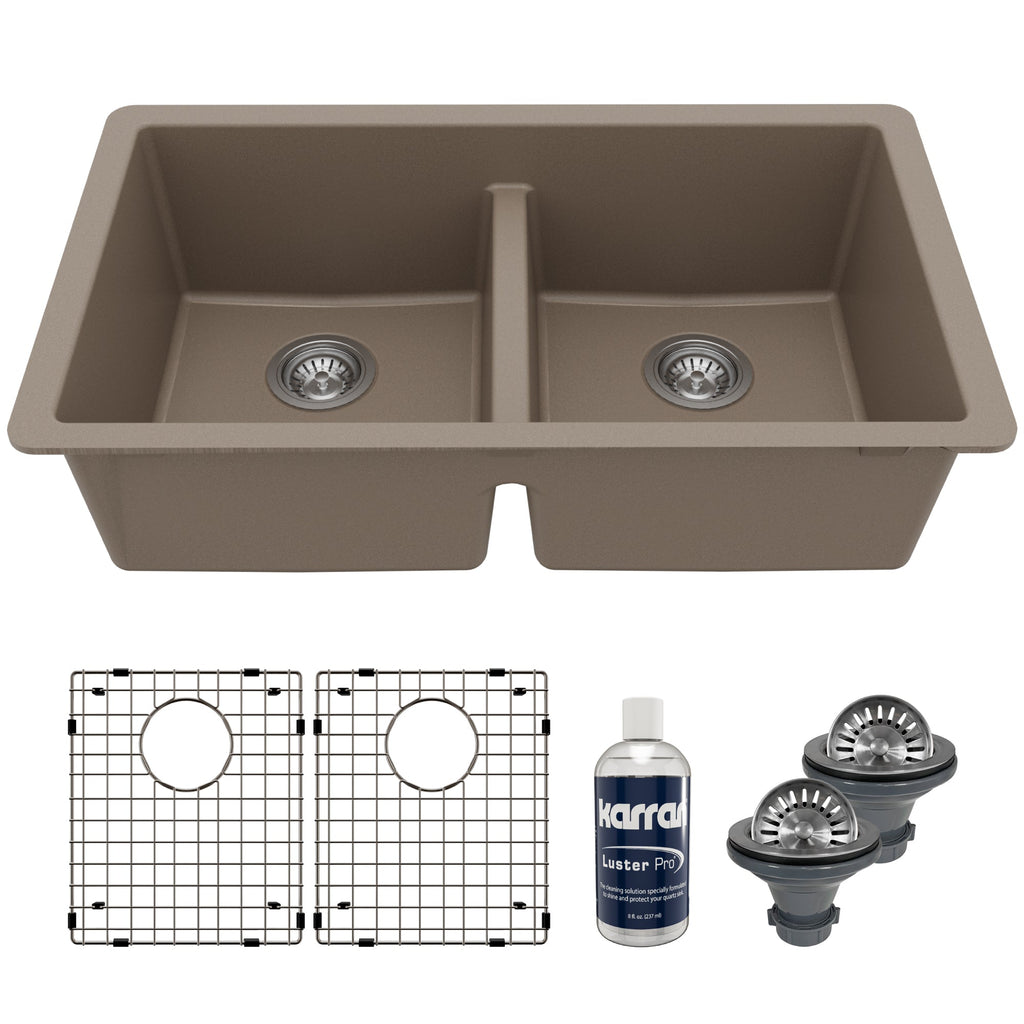 32-3/8" Undermount Double Equal Bowl Quartz Composite Kitchen Sink Kit In Concrete