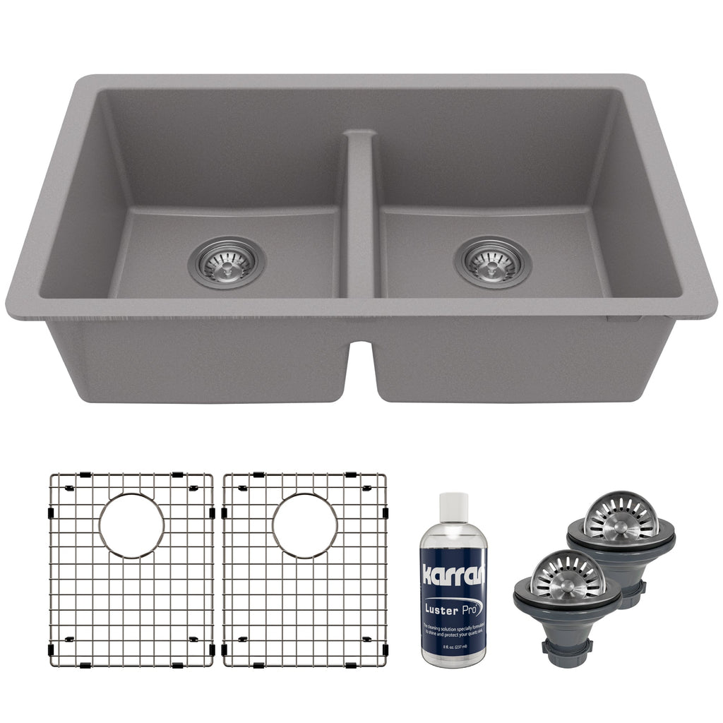 32-3/8" Undermount Double Equal Bowl Quartz Composite Kitchen Sink Kit In Grey