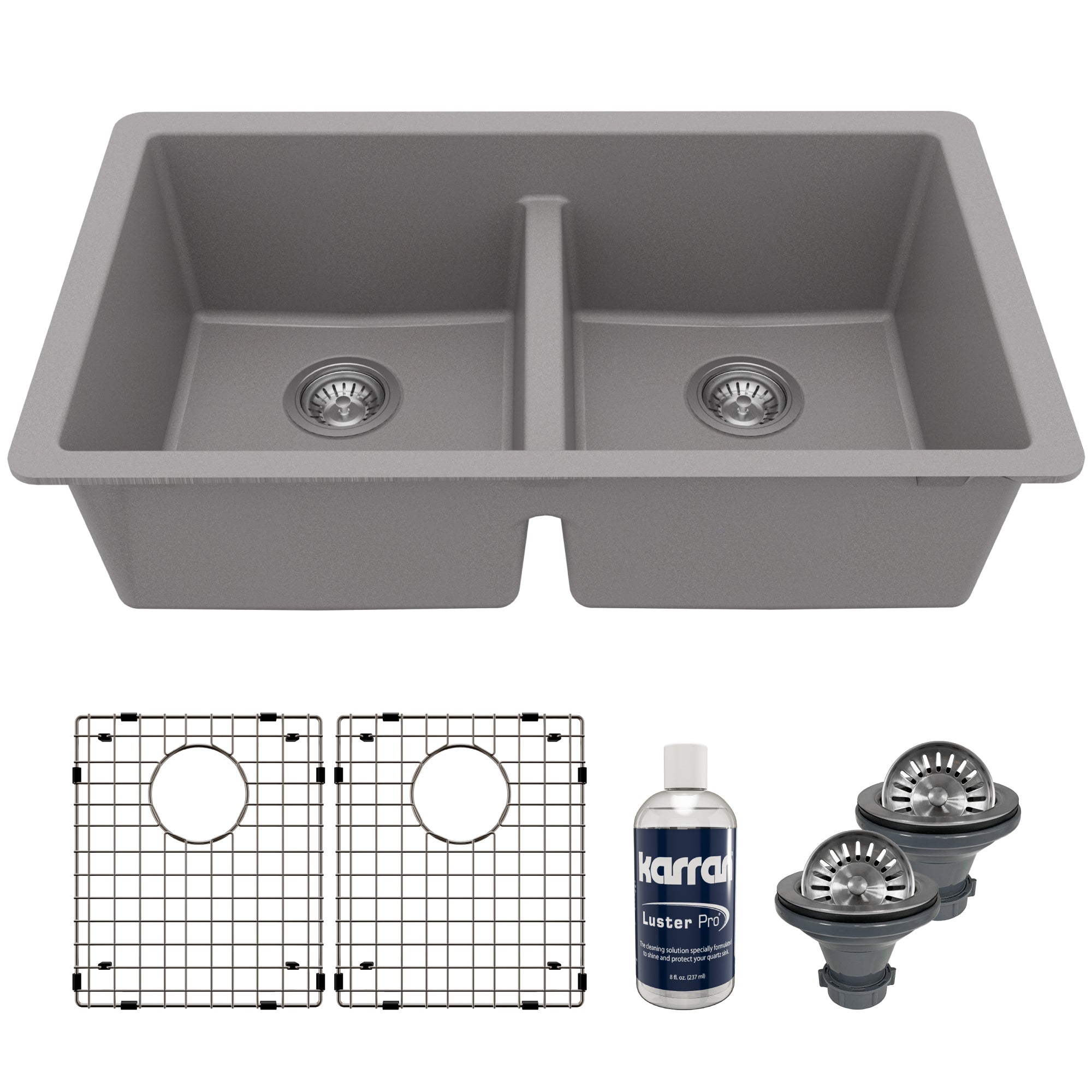 32-3/8" Undermount Double Equal Bowl Quartz Composite Kitchen Sink Kit In Grey