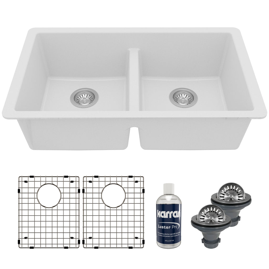 32-3/8" Undermount Double Equal Bowl Quartz Composite Kitchen Sink Kit In White