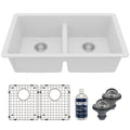 32-3/8" Undermount Double Equal Bowl Quartz Composite Kitchen Sink Kit In White