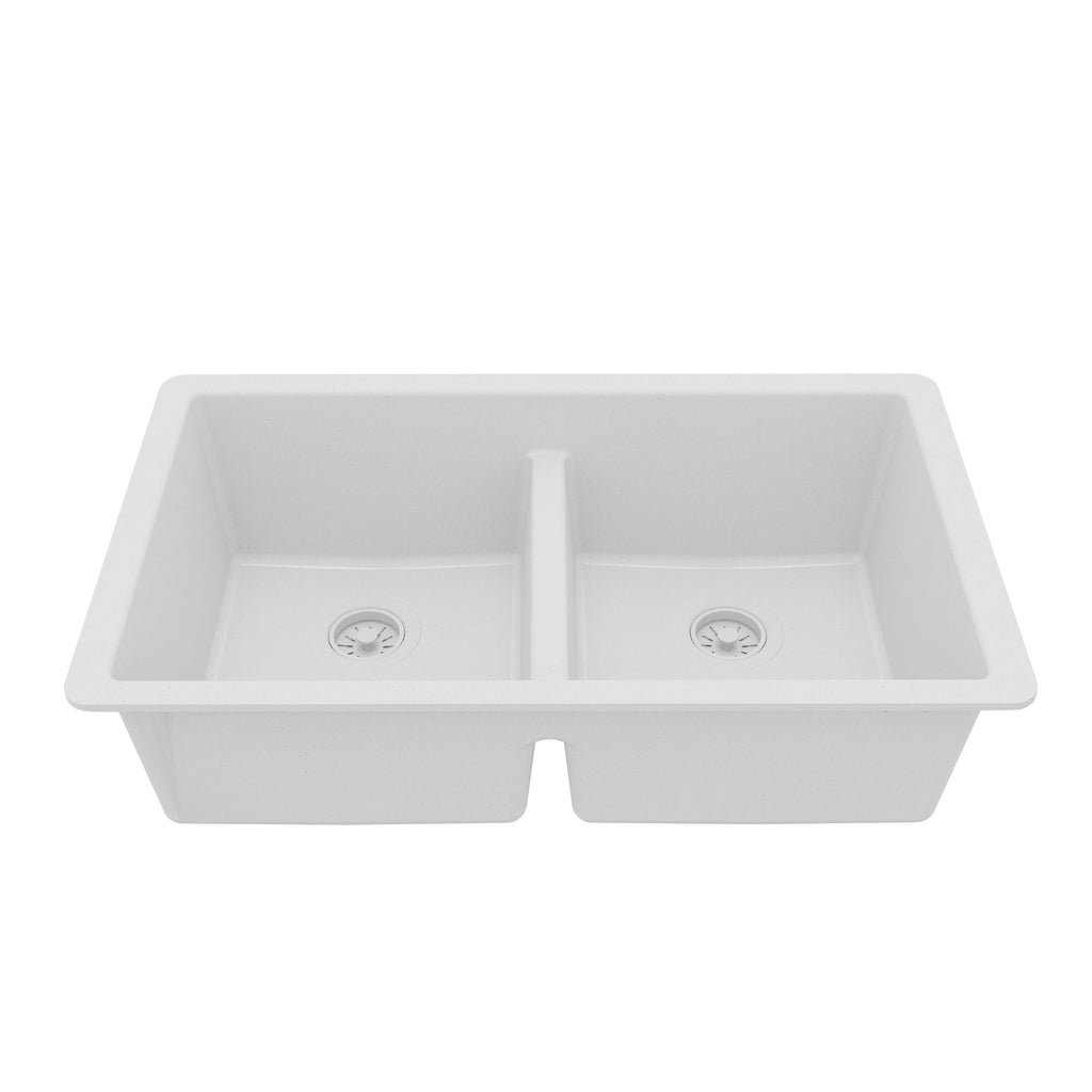 32-3/8" Undermount Double Equal Bowl Quartz Composite Kitchen Sink In White