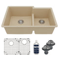 32" Undermount Double Offset Bowl Quartz Composite Kitchen Sink Kit In Bisque