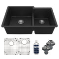 32" Undermount Double Offset Bowl Quartz Composite Kitchen Sink Kit In Black