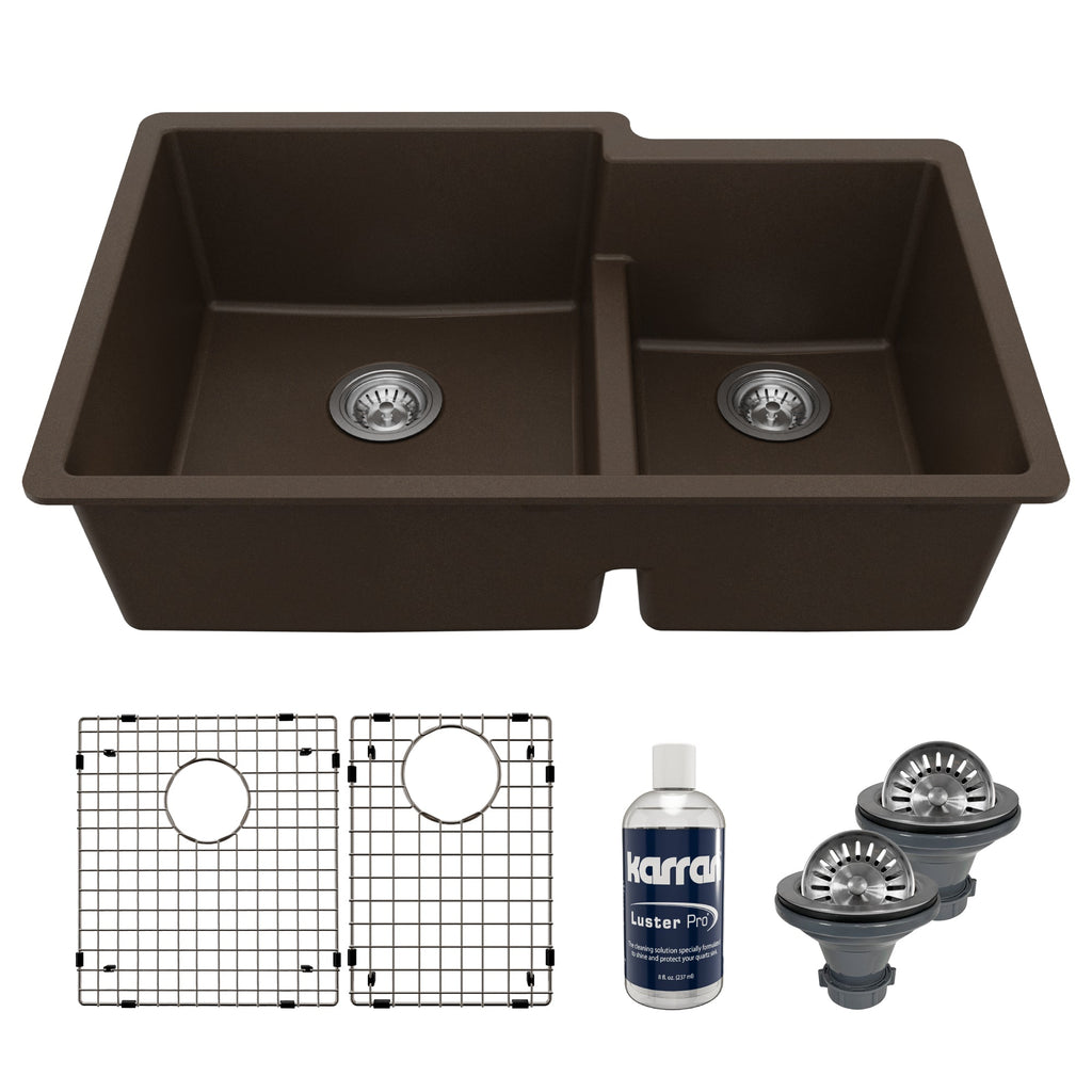 32" Undermount Double Offset Bowl Quartz Composite Kitchen Sink Kit In Brown