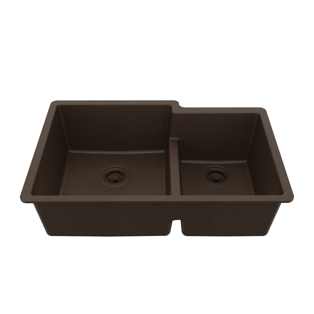 32-1/4" Undermount Double Offset Bowl Quartz Composite Kitchen Sink In Brown