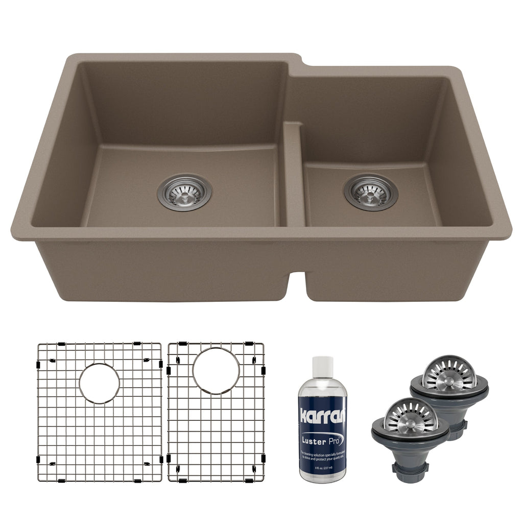 32" Undermount Double Offset Bowl Quartz Composite Kitchen Sink Kit In Concrete