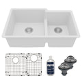 32" Undermount Double Offset Bowl Quartz Composite Kitchen Sink Kit In White